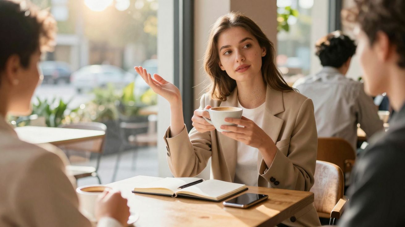 Jovem mulher segura chávena de café e conversa com duas pessoas numa cafetaria luminosa e moderna.