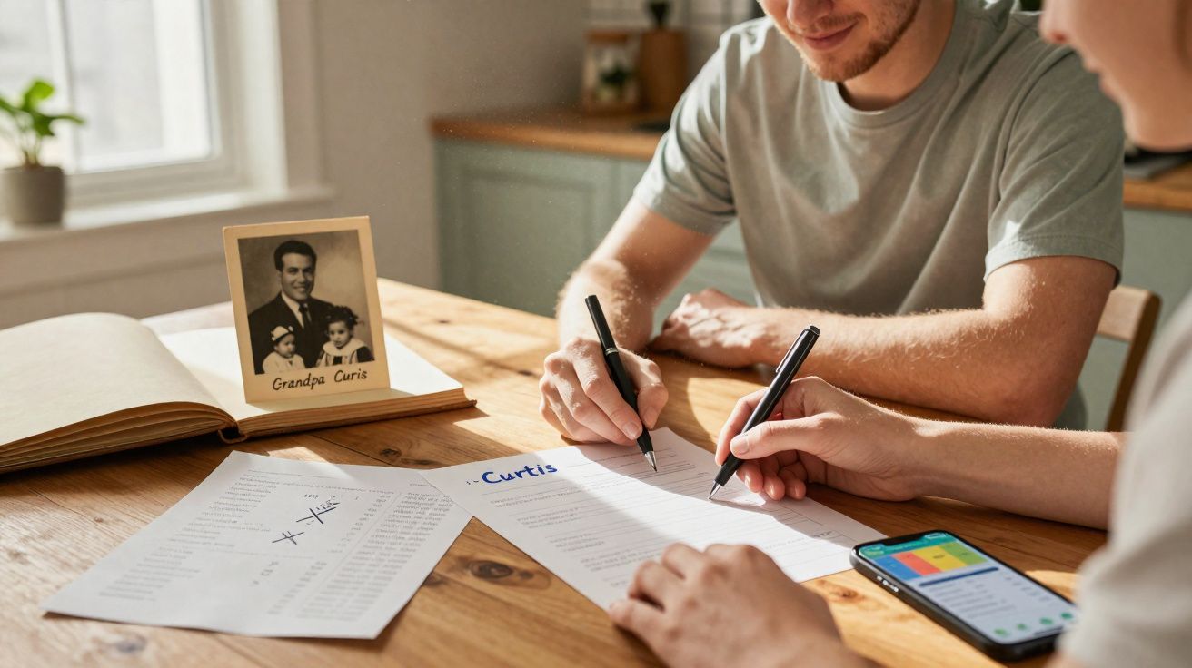 Duas pessoas a assinar documentos sobre uma mesa de madeira, com uma fotografia antiga e um telemóvel.