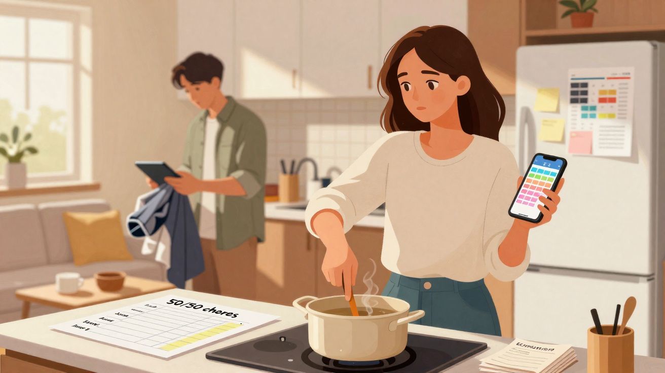 Mulher a cozinhar e a olhar para o telemóvel, homem ao fundo a usar tablet, cozinha iluminada e moderna.