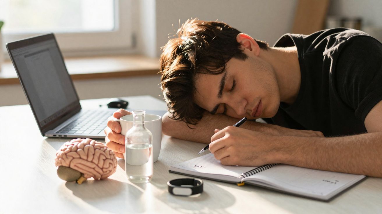 Jovem adormecido sobre mesa com caderno aberto, caneta na mão, computador e objeto de cérebro em miniatura.