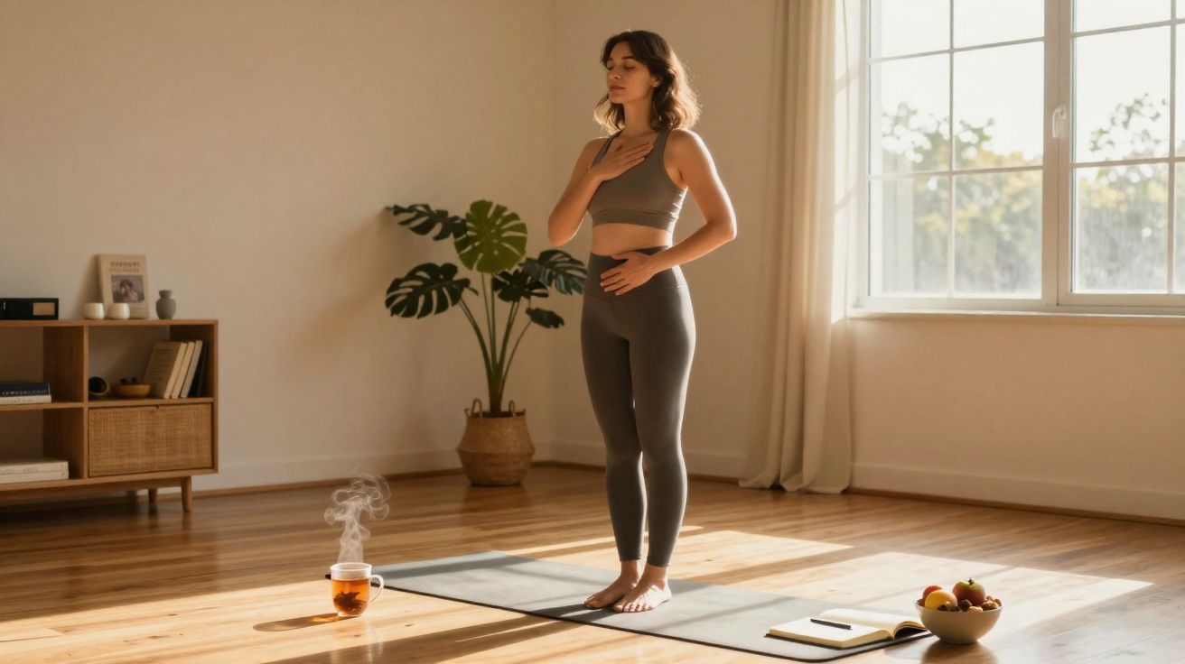 Mulher a meditar em tapete de yoga, num quarto iluminado com chá a vapor numa chávena no chão.