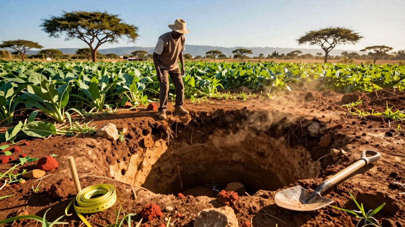 Homem com chapéu observa buraco grande no solo num campo agrícola com plantas verdes ao fundo.
