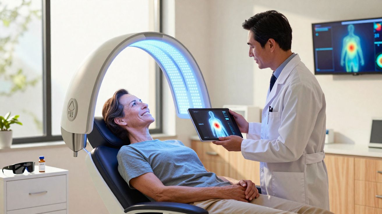 Médico mostra imagem do coração a paciente numa clínica com equipamento médico moderno.