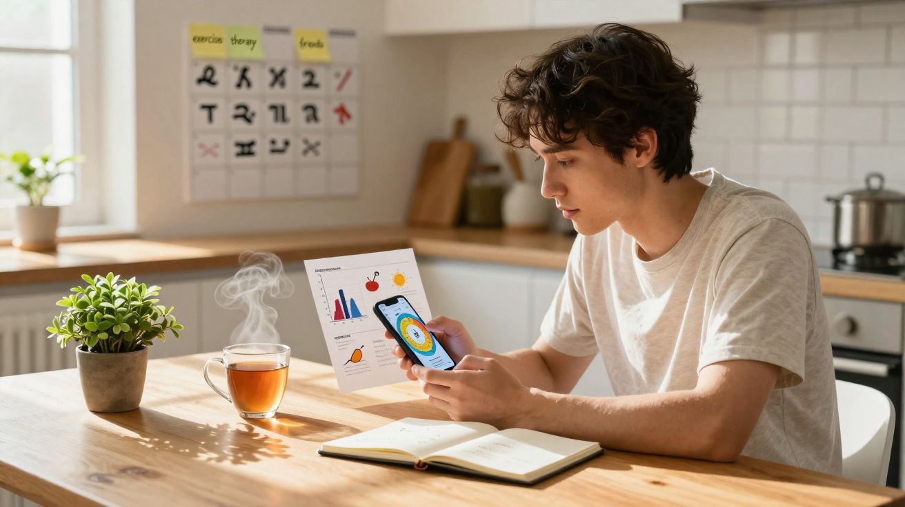 Jovem sentado a uma mesa na cozinha a analisar gráficos no telemóvel, com chá quente e uma planta ao lado.