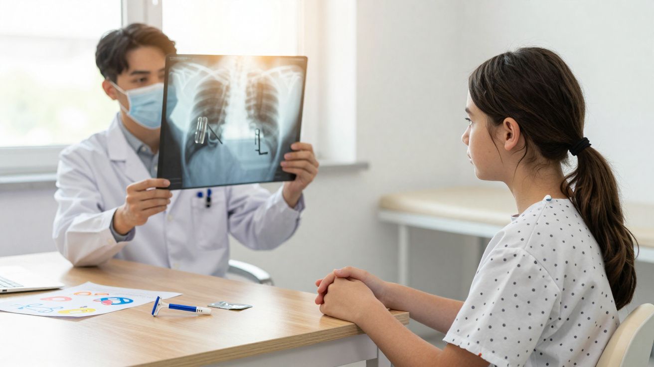 Médico com máscara examina radiografia de tórax enquanto paciente jovem o observa atento numa consulta.