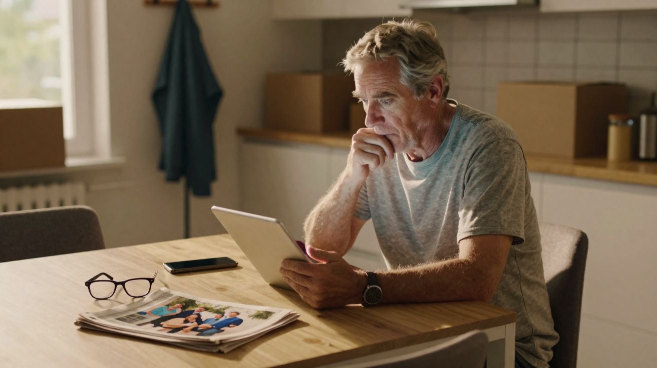 Homem idoso sentado à mesa a ler num tablet, com jornais, telemóvel e óculos sobre a mesa.