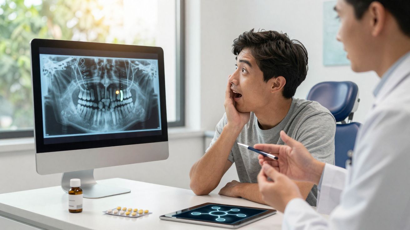 Paciente surpreendido olha para raio-x dentário no computador enquanto dentista explica tratamento.