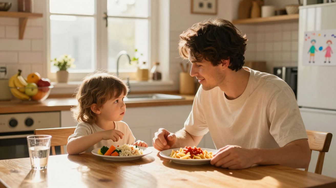 Pai e filho pequenos sentados à mesa da cozinha a comer e a conversar durante a refeição.