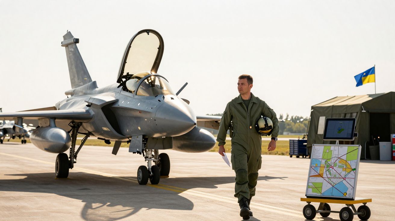 Piloto militar com fato verde caminha ao lado de caça estacionado numa pista de aeroporto com mapa em suporte móvel.