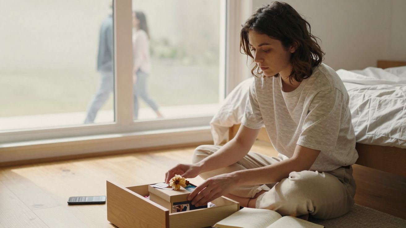 Mulher sentada no chão ao lado da cama, a guardar objetos numa caixa de madeira junto a um livro aberto.