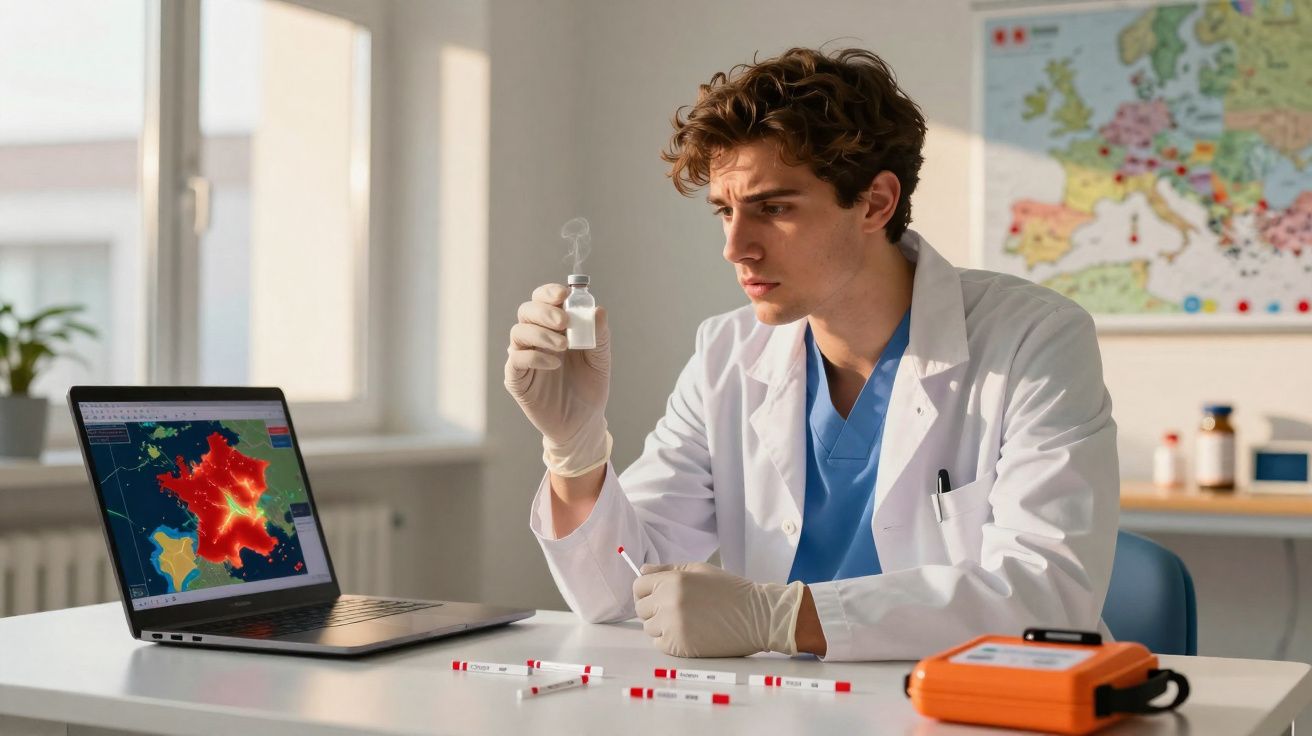 Cientista em bata branca analisa amostra em frasco junto a laptop com mapa térmico numa sala de laboratório.