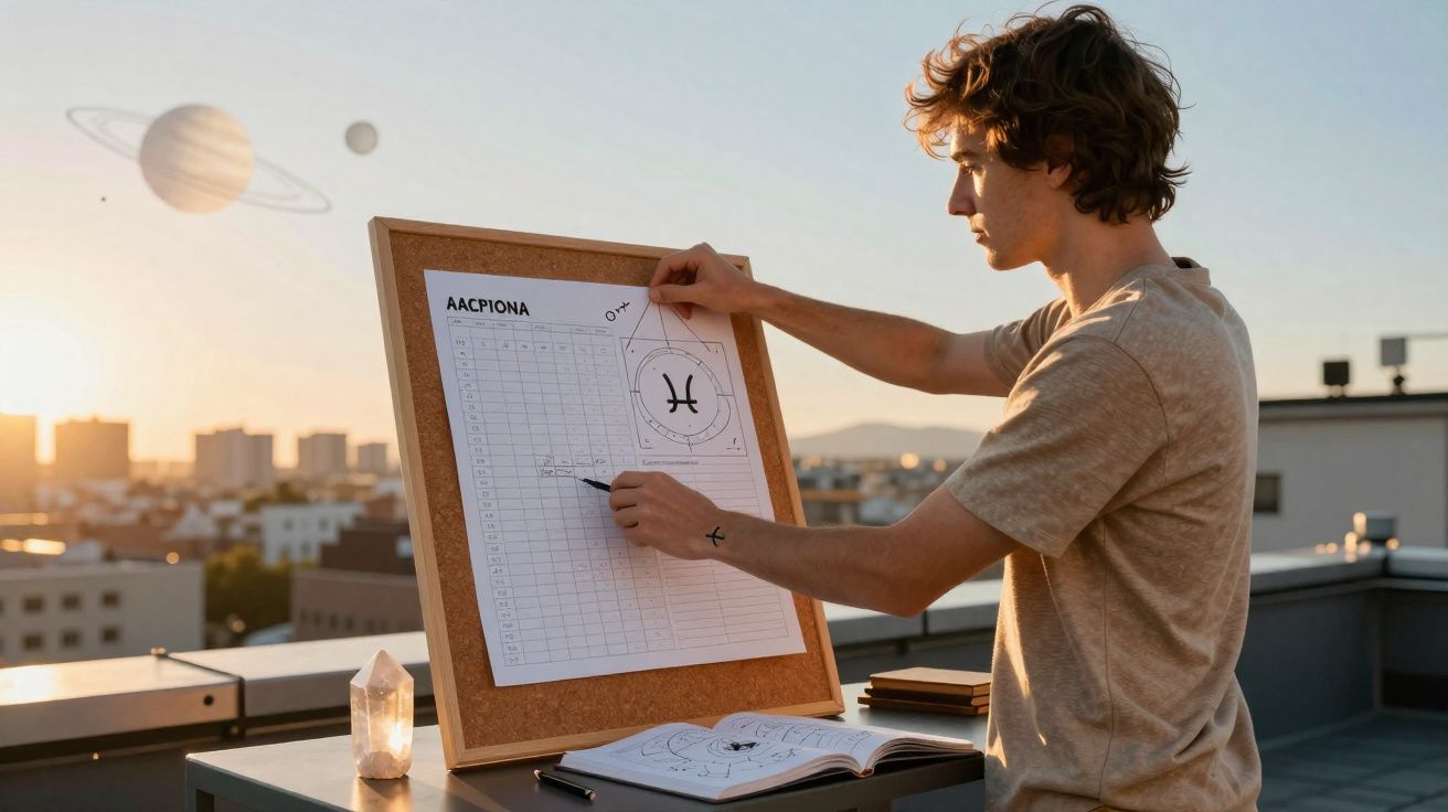 Jovem observa quadro com carta astrológica ao pôr do sol numa varanda com cidade ao fundo e planetas visíveis.