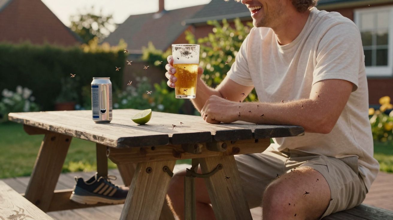 Homem sentado num banco de madeira no exterior a tentar beber cerveja rodeado por muitos mosquitos.