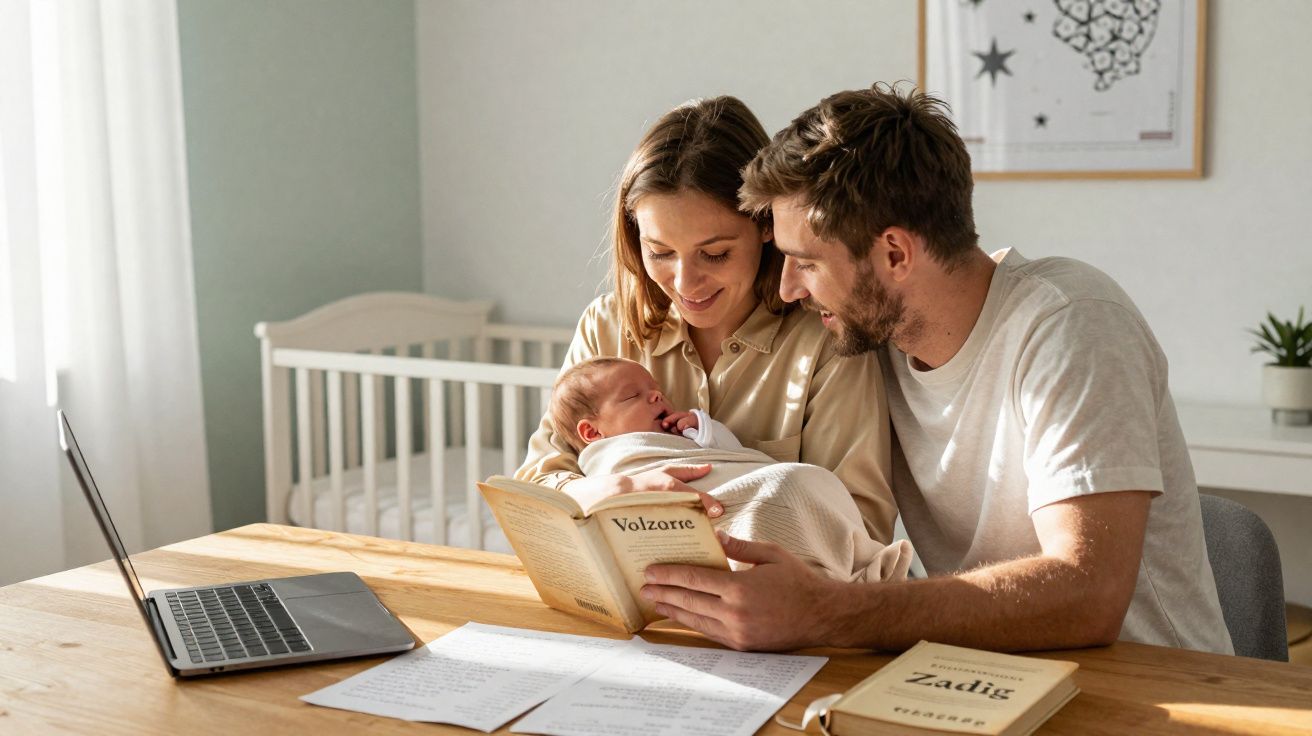 Pais felizes a ler um livro ao colo do bebé numa sala iluminada com berço ao fundo.