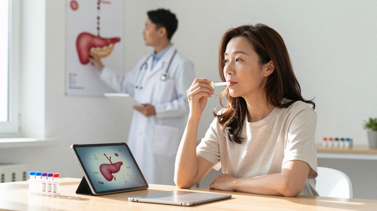 Mulher a medir temperatura sentada à mesa com ilustração do fígado em tablet e médico ao fundo.