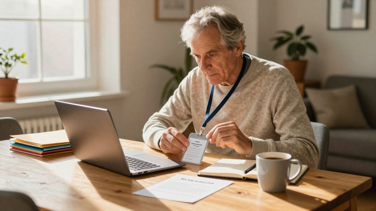 Homem idoso a usar computador portátil e a segurar um cartão de identificação numa mesa com documentos e café.