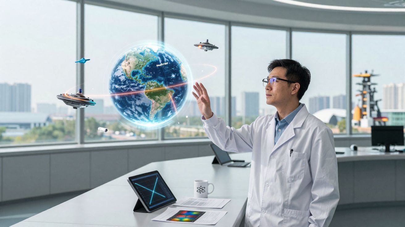 Cientista em laboratório interage com modelo holográfico da Terra e objetos futuristas flutuantes.