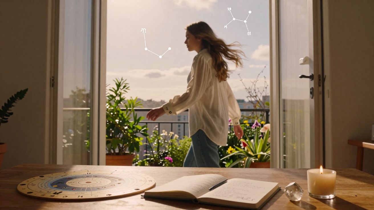 Mulher de camisa branca caminha numa varanda com plantas, enquanto atrás está uma mesa com caderno, vela e cristal.