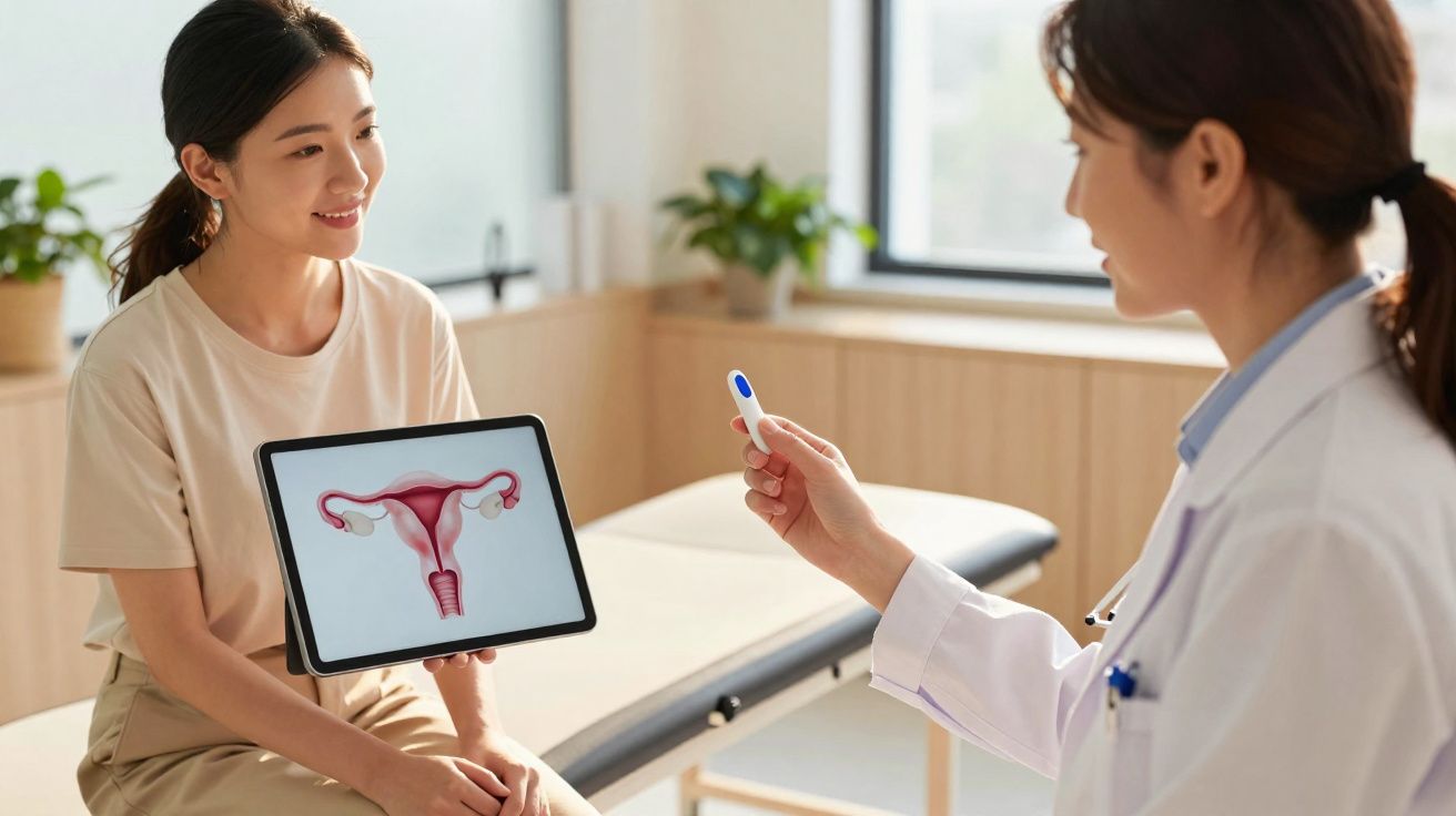 Mulher consulta médica sobre saúde reprodutiva, médico mostra teste e imagem do útero em tablet.