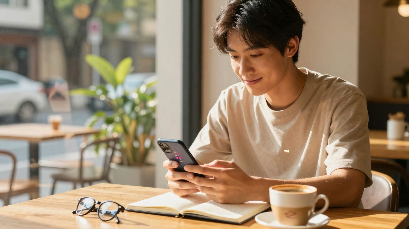 Jovem sentado num café com telemóvel, caderno aberto, óculos na mesa e chávena de café.