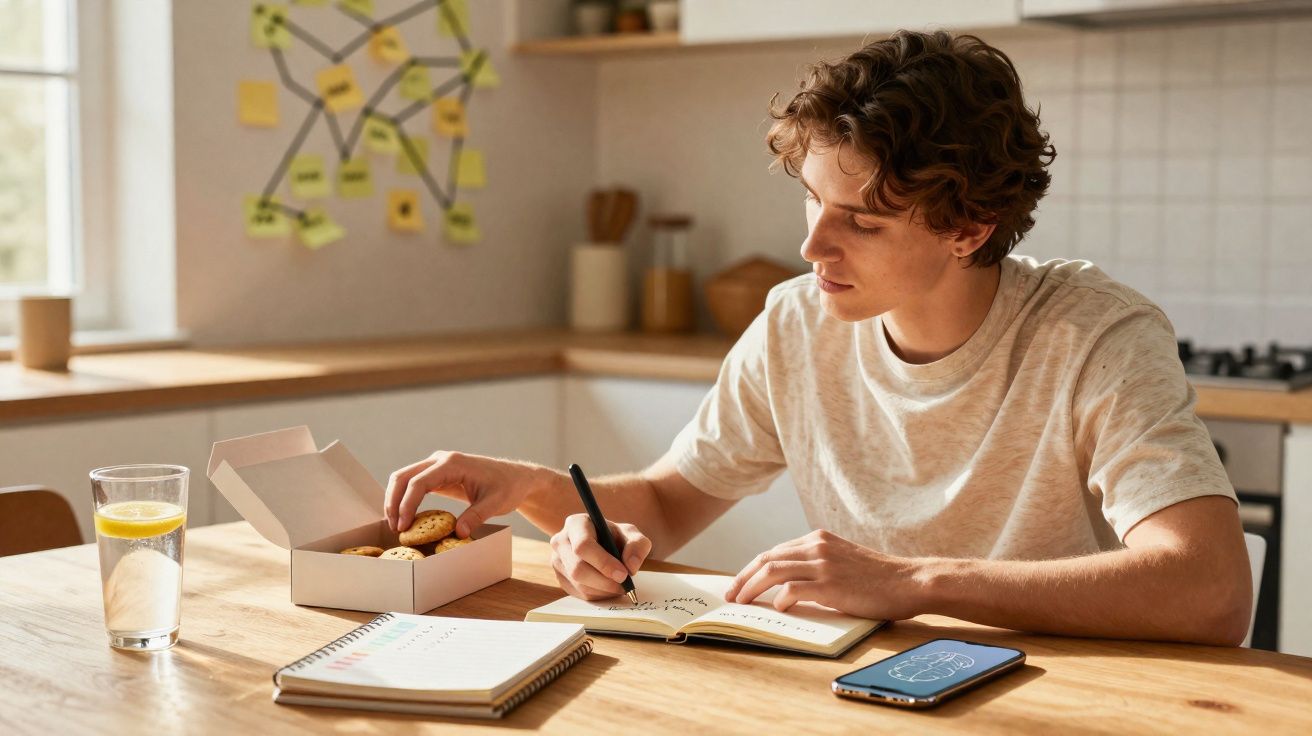 Jovem sentado à mesa na cozinha, escrevendo num caderno e pegando em bolachas, com telemóvel e copo de água ao lado.