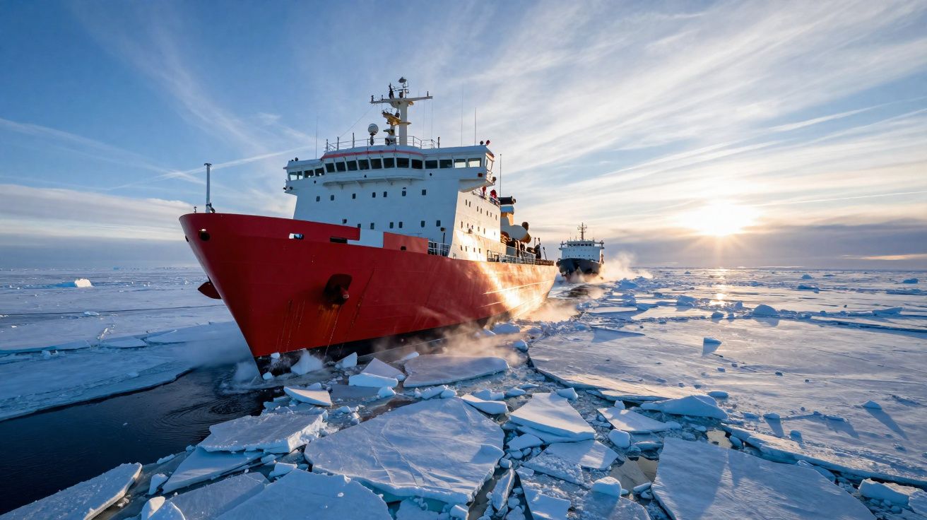 Cargueiro vermelho a abrir caminho através do gelo no oceano congelado ao pôr do sol.