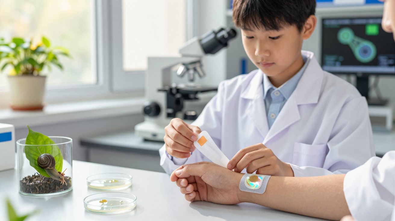 Criança em laboratório aplica sensor na pele de adulto com equipamento científico ao fundo.