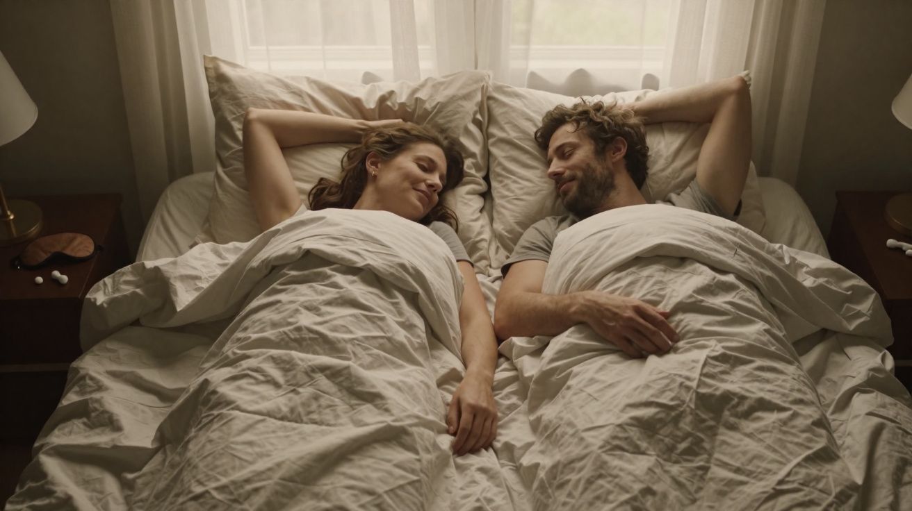 Casal deitado na cama, de olhos fechados, sorrindo e deitado lado a lado com roupa de cama clara.