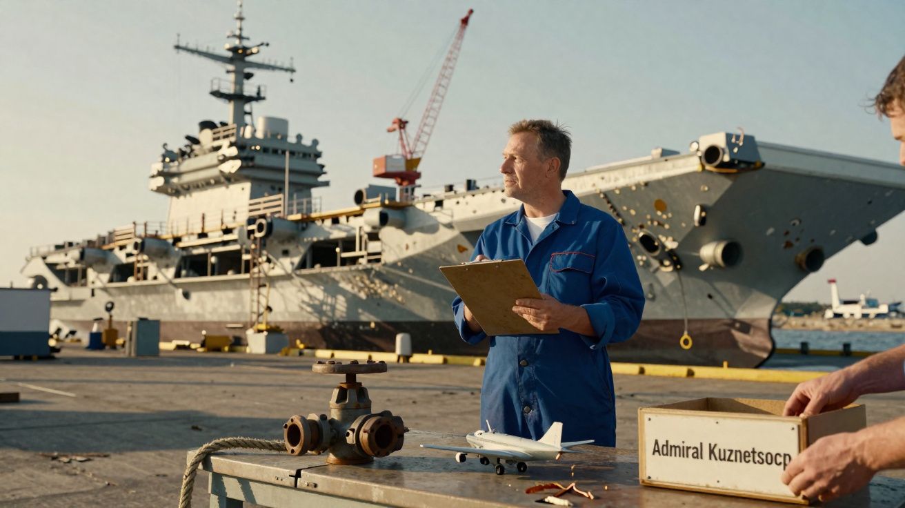 Homem com fato azul e prancheta inspeciona miniatura de porta-aviões Admiral Kuznetsov num estaleiro naval.