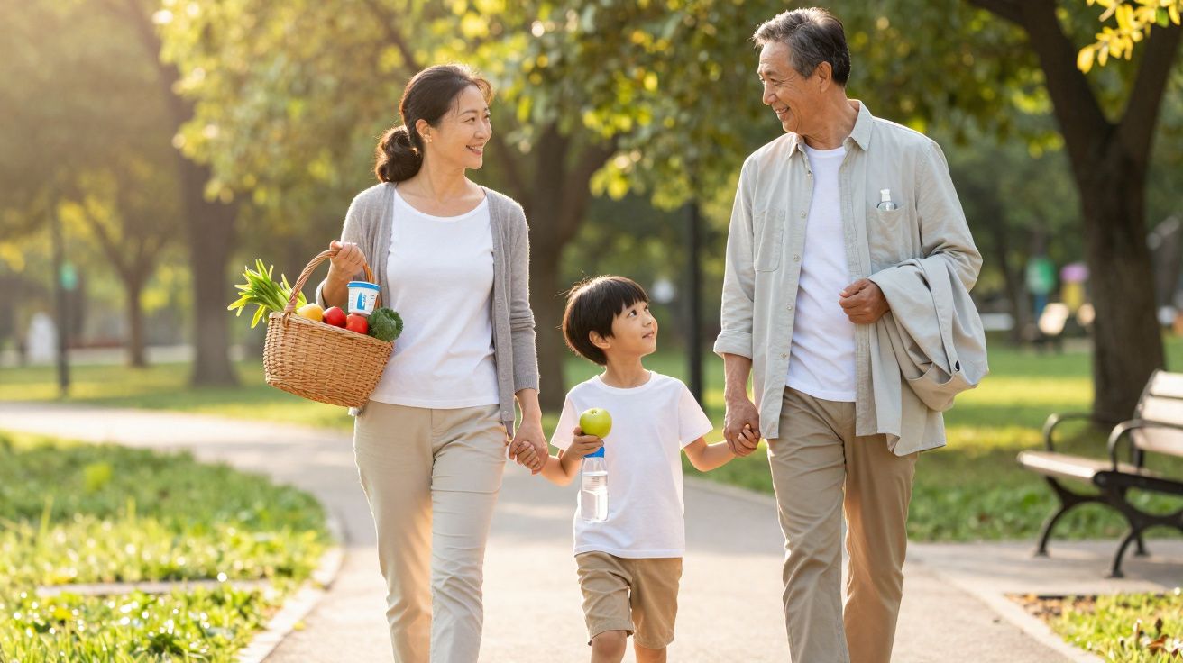 Família asiática passeia no parque com cesto de compras e criança a segurar uma maçã e uma garrafa de água.