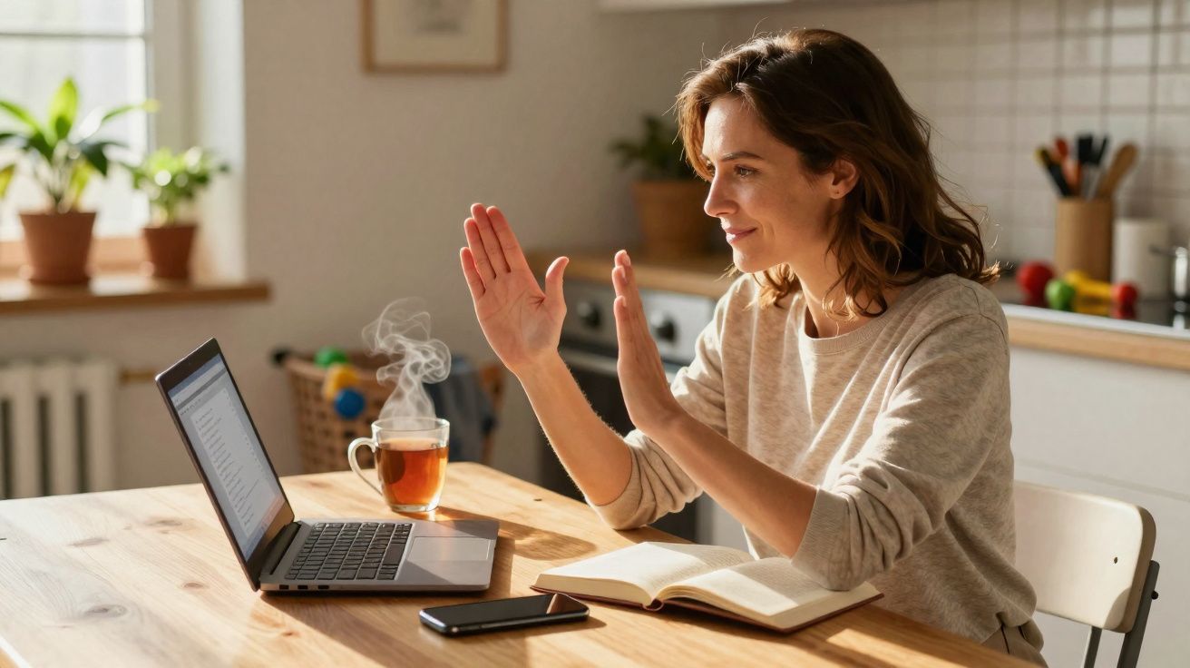 Mulher sorridente em videoconferência à mesa com chá quente, computador, telemóvel e caderno aberto.