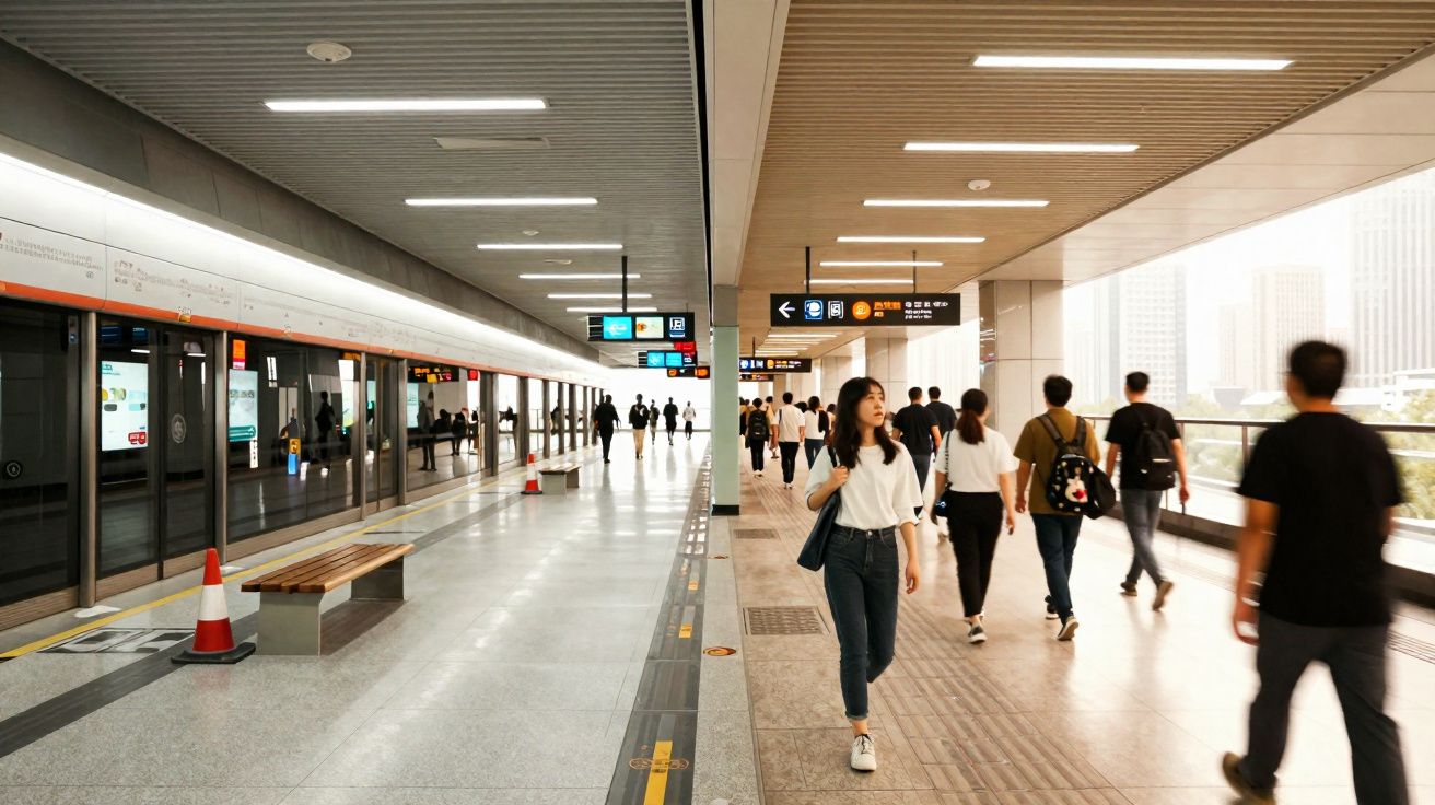 Passageiros a caminhar e aguardando no embarque de estação de metro moderna e iluminada.