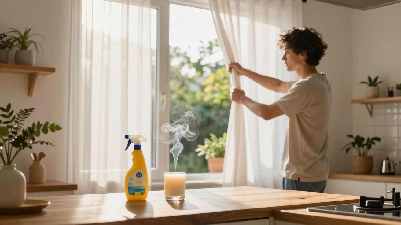 Pessoa a abrir cortinas numa cozinha luminosa com plantas, vela acesa e pulverizador num balcão de madeira.