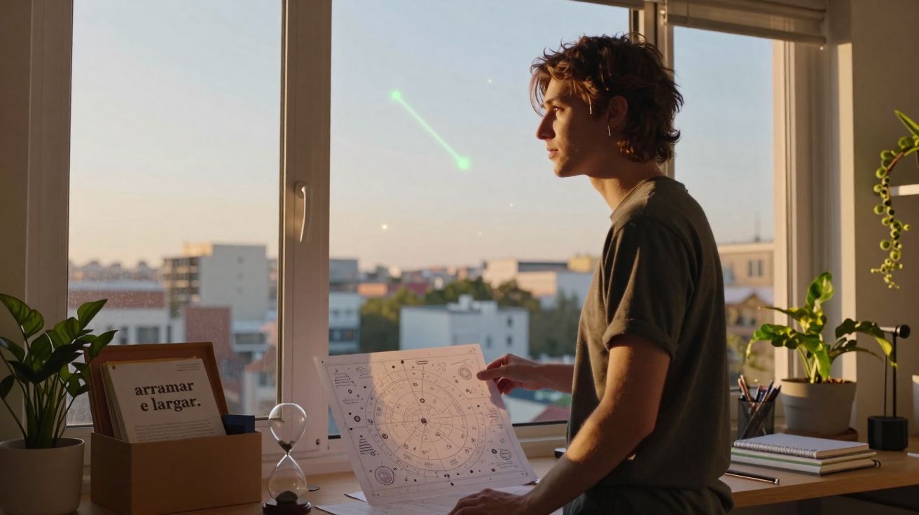 Jovem a olhar mapa astronómico na janela ao pôr do sol, com plantas e objetos na secretária.