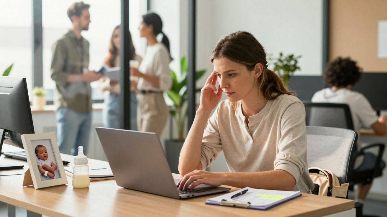 Mulher concentrada a trabalhar num portátil numa mesa de escritório com colegas ao fundo em conversação.