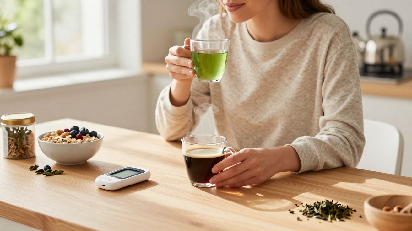Pessoa a beber chá verde e café, com frutos secos, sementes e um monitor de glicose numa mesa de madeira.