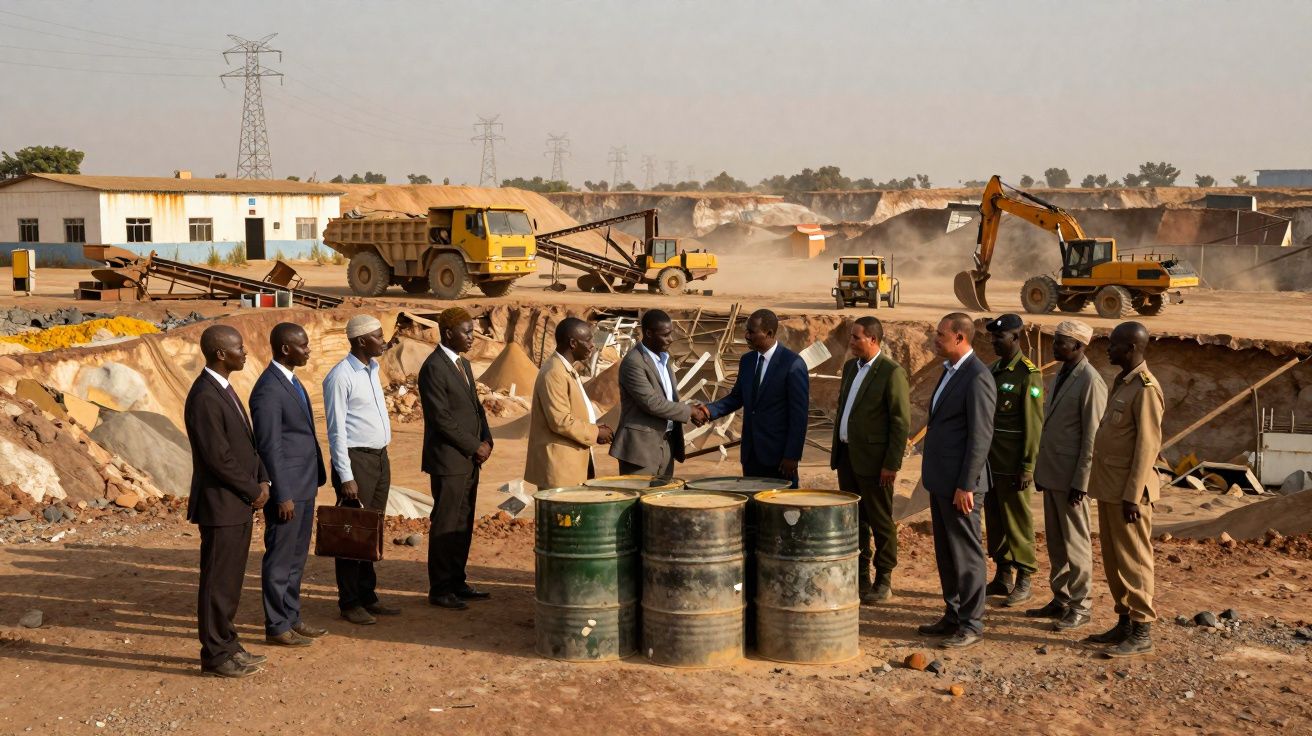 Grupo de homens em fato cumprimenta-se numa obra de construção com máquinas e camiões ao fundo.
