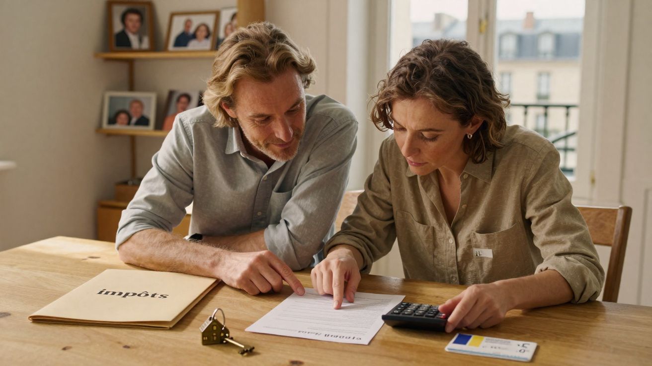 Casal sentado a analisar documentos e a usar calculadora numa mesa com pasta e chaves.