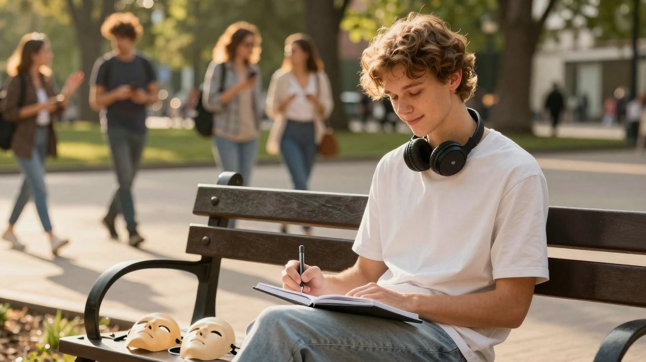Jovem sentado num banco de parque a escrever num caderno, com auscultadores no pescoço e duas máscaras ao lado.