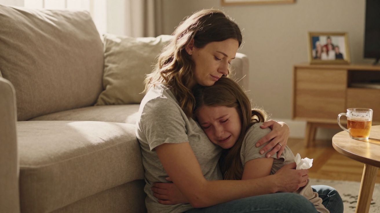 Mulher abraça e conforta criança que chora no chão da sala junto ao sofá e mesa de madeira.