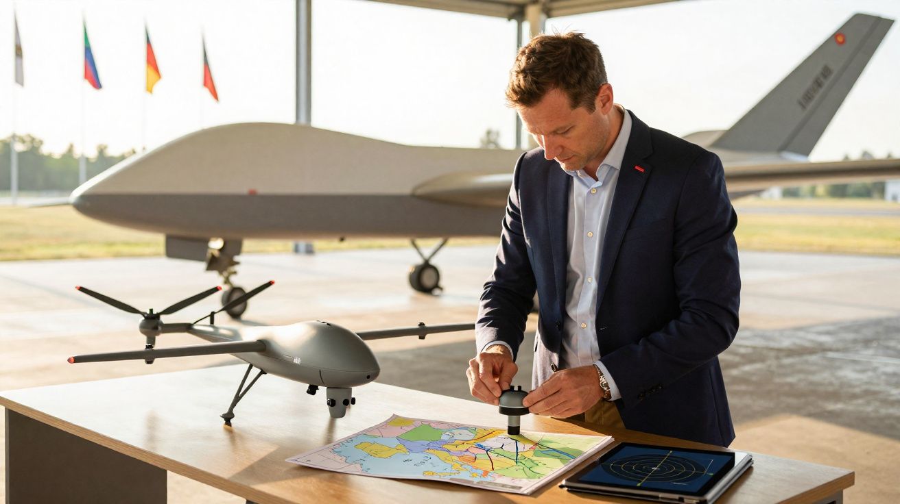 Homem de negócios a analisar mapa com miniatura de drone e monitor digital numa hangar de aeroporto.