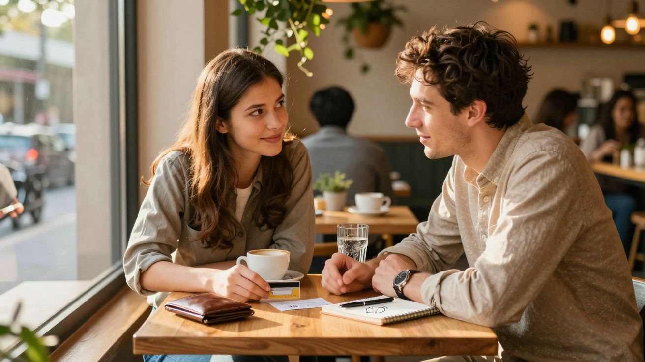 Homem e mulher sentados numa mesa de café, conversando e sorrindo em ambiente acolhedor.