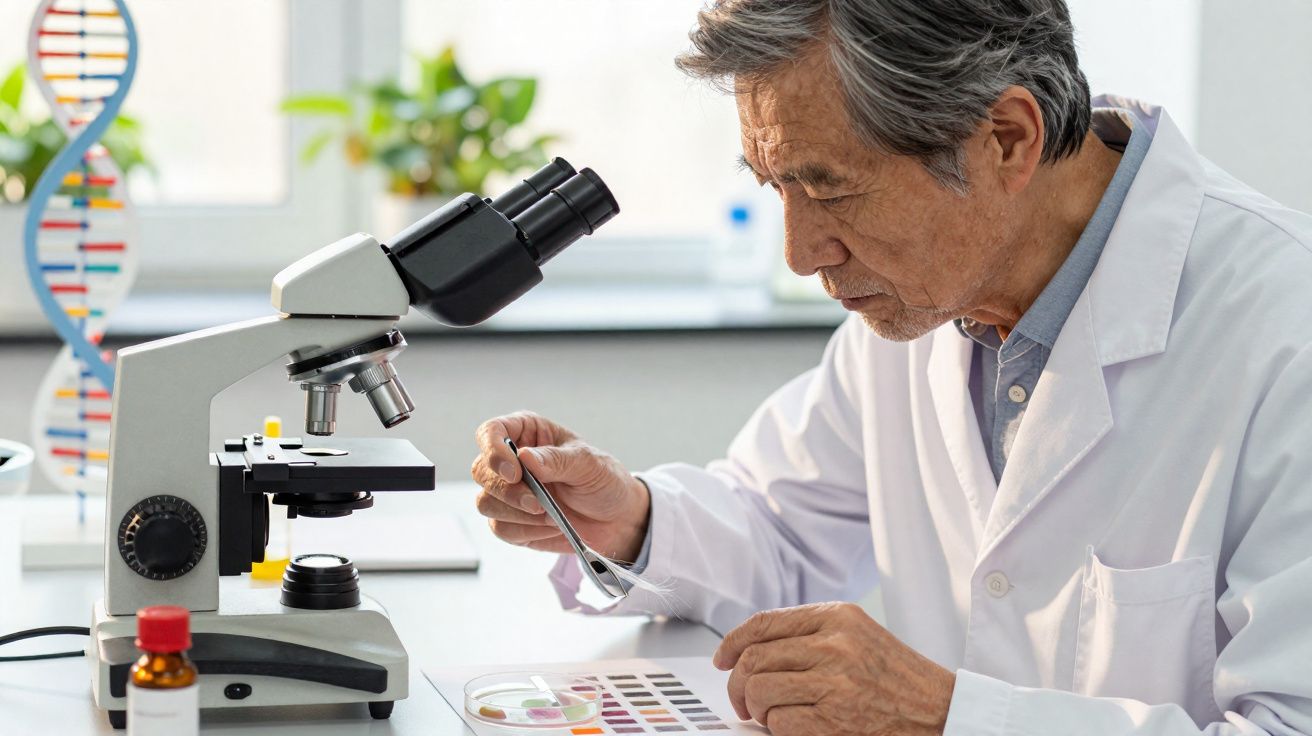 Cientista em bata branca analisa amostras ao lado de microscópio num laboratório iluminado.