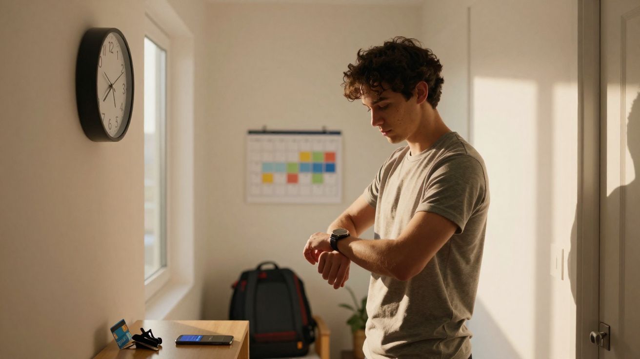 Jovem de pé numa divisão, a olhar para o relógio no pulso, num ambiente com relógio de parede e calendário colorido.