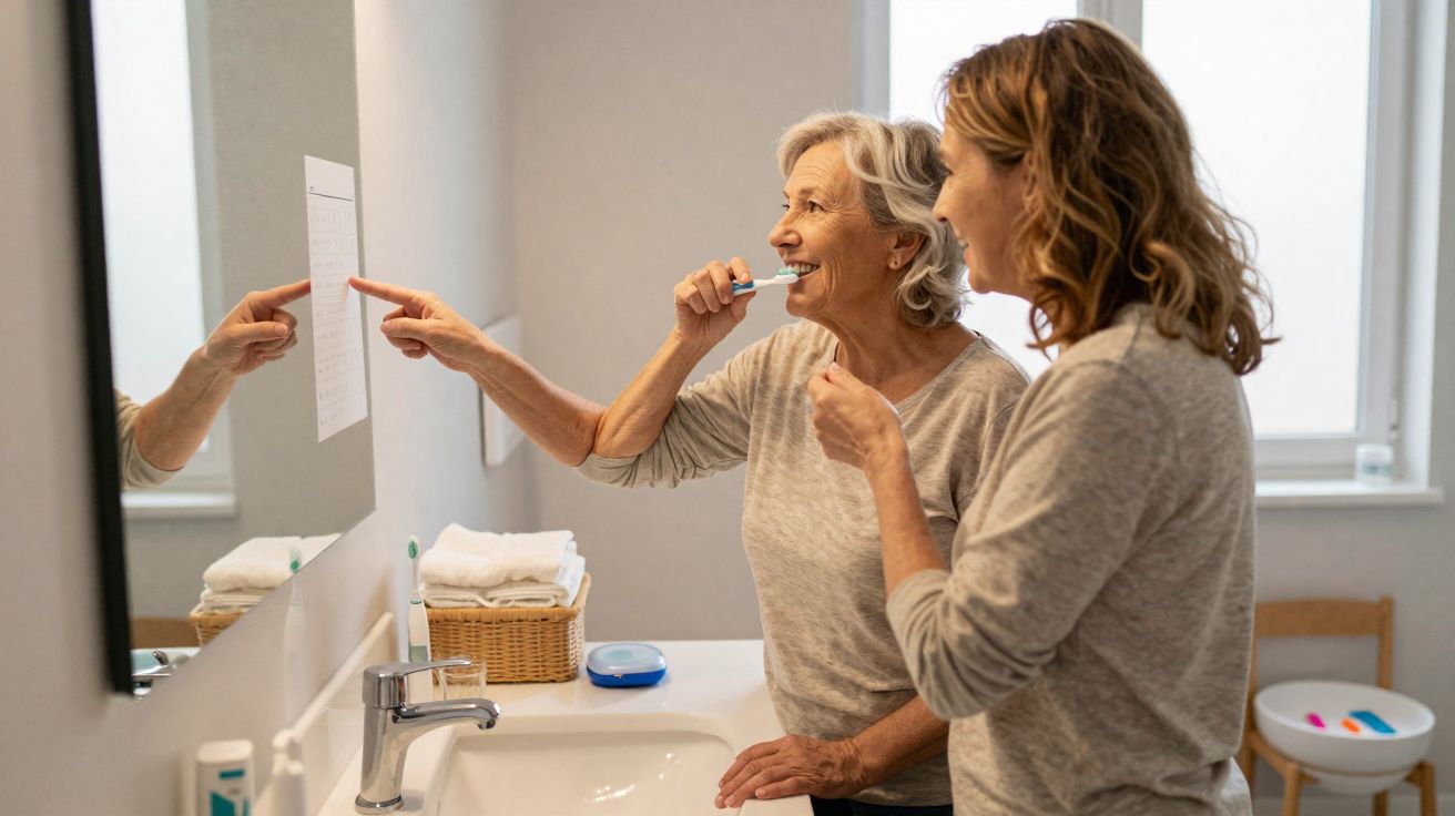 Duas mulheres numa casa de banho, uma idosa escova os dentes e aponta para um calendário na parede.