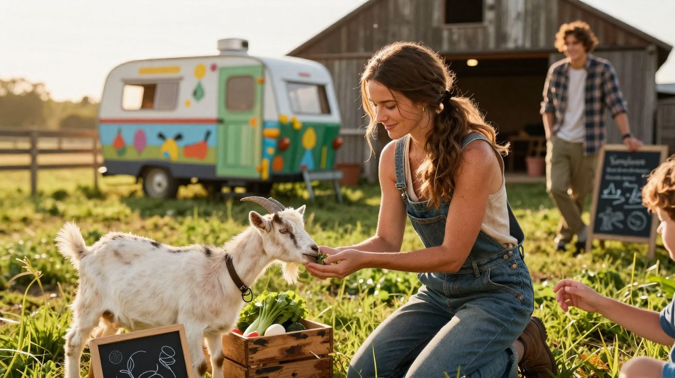 Mulher a alimentar uma cabra num campo com celeiro e caravana ao fundo num dia ensolarado.