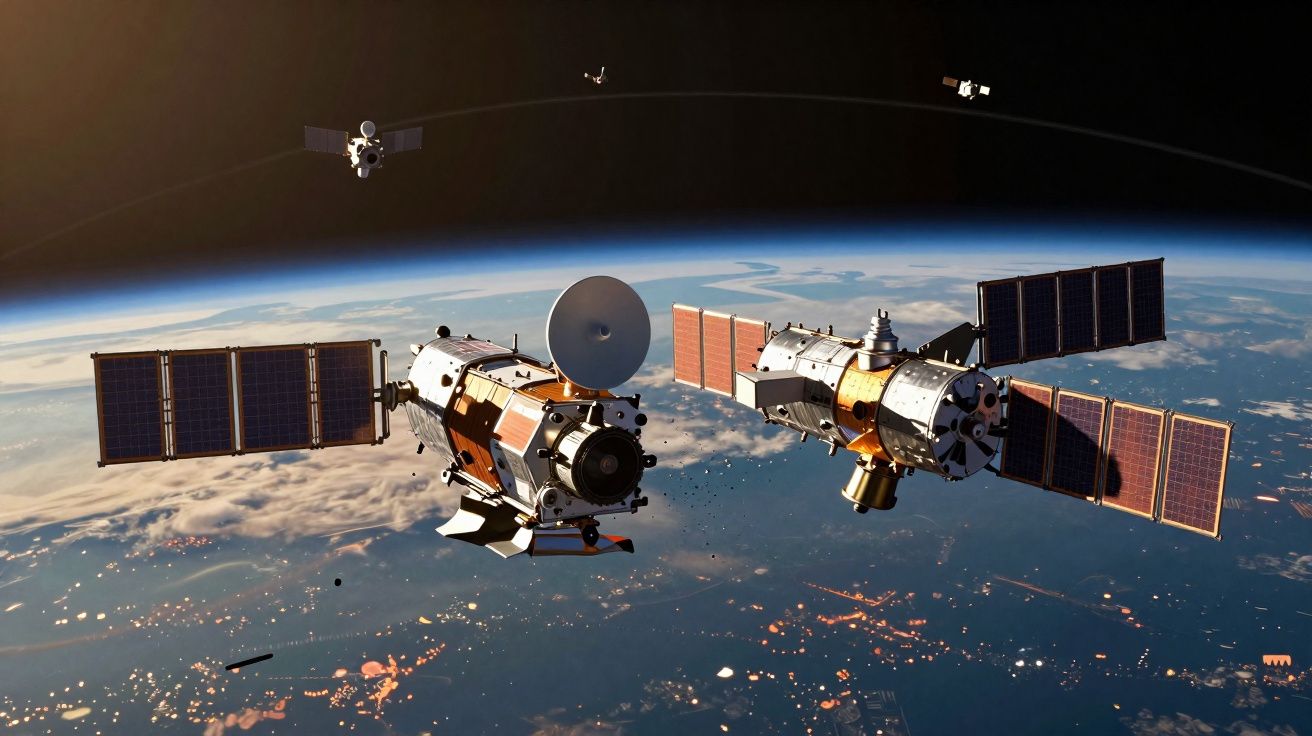 Dois satélites com painéis solares em órbita sobre a Terra, com luzes da cidade visíveis ao fundo.