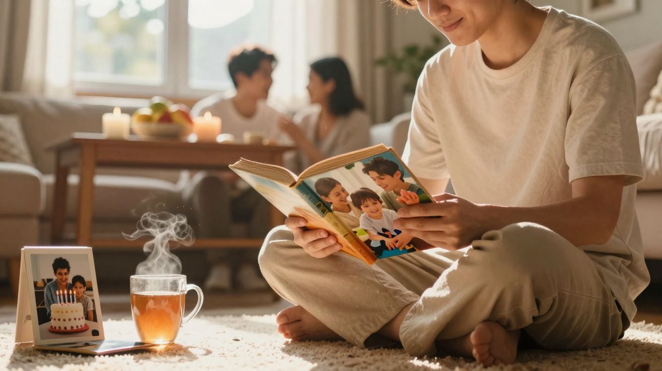 Pessoa sentada no chão a ler um livro com chá e fotografia em moldura sobre um tapete, casal ao fundo no sofá.
