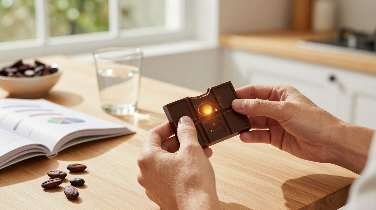 Pessoa segurando pedaço de chocolate com luz laranja no centro, em ambiente de cozinha iluminado.
