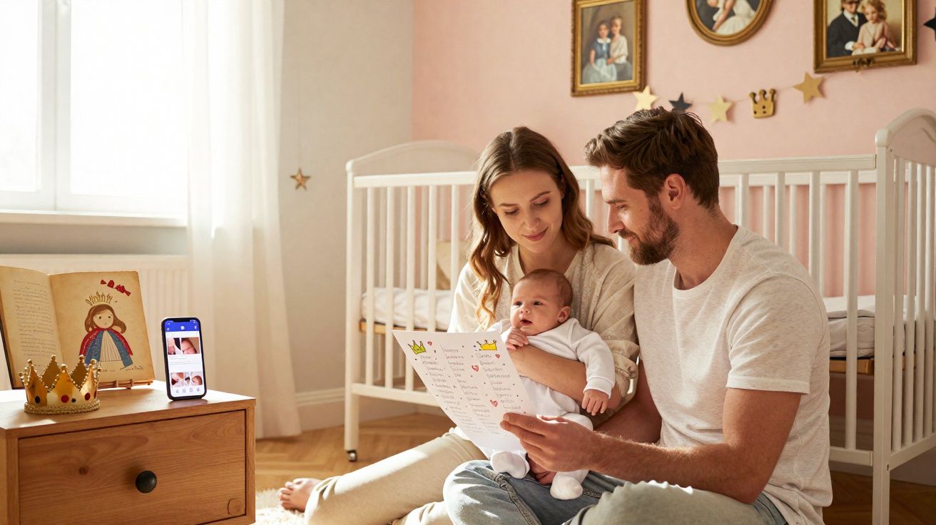 Casal sentado no chão do quarto do bebé, lendo um cartaz enquanto seguram o filho recém-nascido.